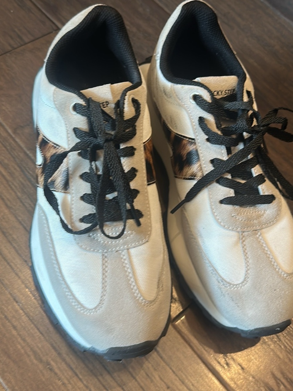 Women’s Beige and Black Sneakers with Leopard Accent